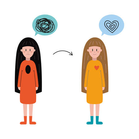 Mental health recovery, psychology concept. Girl releasing from psychological problems, cartoon style. Trendy modern vector illustration.のイラスト素材