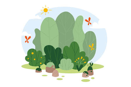 Nature scene forest and trees, cartoon style. Trendy modern vector illustration, hand drawn, flat design. All elements are isolatedのイラスト素材