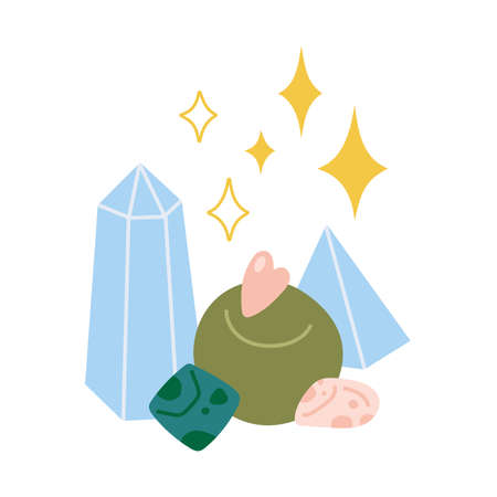 Magic crystal and stones, cartoon style. Trendy modern vector illustration isolated on white background, hand drawn, flat design.のイラスト素材