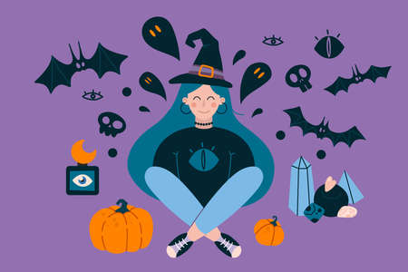 Halloween witch, cartoon style. Happy Halloween theme, bats and pumpkin. Trendy modern vector illustration isolated on white background, hand drawn, flat design.のイラスト素材
