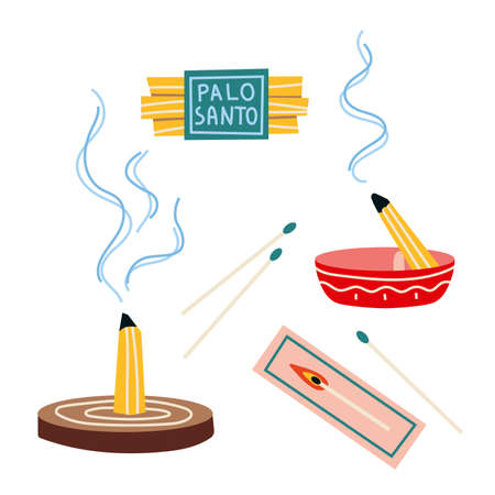 Palo santo holy wood tree set, burning stick, cartoon style. Concept of smudging, relaxation and aromatherapy. Trendy modern vector illustration isolated on white background, hand drawn, flat design.のイラスト素材