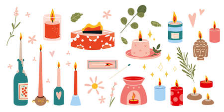 Various Candles set. Different shapes and sizes, cartoon style. Concept of aromatherapy, comfort and coziness. Trendy modern vector illustration isolated on white background, hand drawn, flat design.のイラスト素材