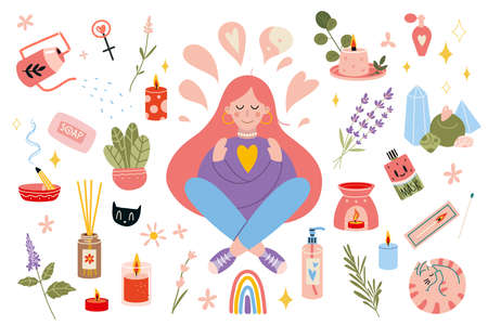 Set of design elements on self care theme. Girl with cozy items, scandinavian hygge cartoon style. Self love, health, beauty and wellness concept. Vector trendy flat illustrations isolated on white.のイラスト素材