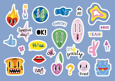Set of weekly or daily planner and diaries vector flat illustration. Cute sticker with funny comic characters, cartoon image and trendy lettering. Signs, symbols, objects for scheduler or organizerのイラスト素材