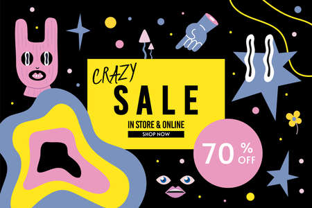 Crazy sale banner template design, cartoon style. Discount abstract promotion layout poster for web or social media, advertising, leaflets and flyers. Trendy modern vector illustrationのイラスト素材