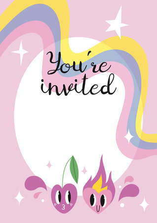 Invitation Card Template - You are invited, with funny comic cute characters and doodles: cherry and heart in love, cartoon style. Trendy modern vector illustration, hand drawnのイラスト素材
