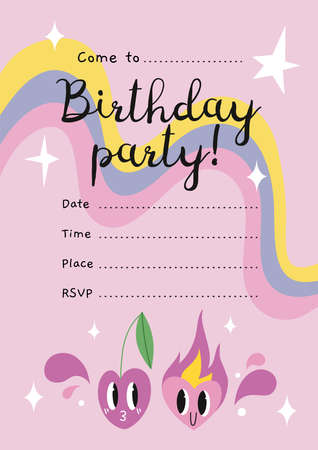 Birthday Party Invitation Card Template with funny comic cute characters and doodles: cherry and heart in love, cartoon style. Trendy modern vector illustration, hand drawnのイラスト素材