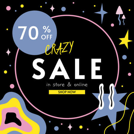 Crazy sale banner template design, cartoon style. Discount abstract promotion layout poster for web or social media, advertising, leaflets and flyers. Trendy modern vector illustrationのイラスト素材