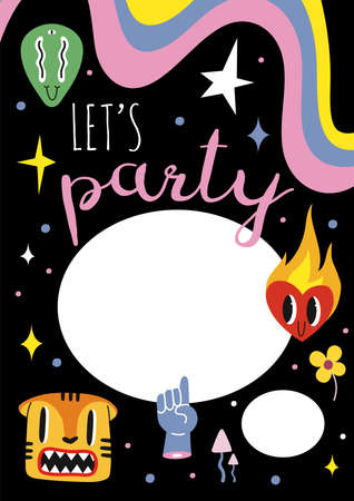 Party Invitation Card Template with funny comic cute characters and doodles: tiger, alien, cartoon style. Trendy modern vector illustration, hand drawnのイラスト素材