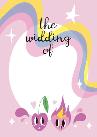 Wedding Invitation Card Template with funny comic cute characters and doodles: cherry and heart in love, cartoon style. Trendy modern vector illustration, hand drawnのイラスト素材