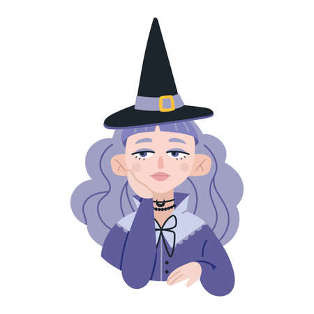 Witch beautiful girl props up his head, portrait, cartoon style. Trendy modern vector illustration isolated on white background, hand drawn, flat design.のイラスト素材