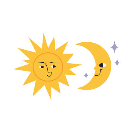Sun and moon, cartoon style. cute character. Trendy modern vector illustration isolated on white background, hand drawn, flat design.のイラスト素材