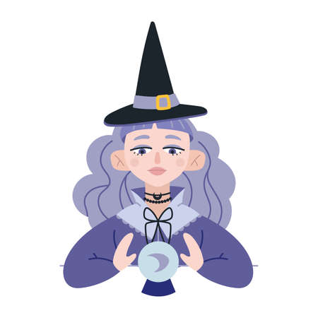 Fortune tellers, cartoon style. Witch girl are telling the future by crystal ball. Witchcraft and supernatural powers. Trendy modern vector illustration isolated on white, hand drawn, flat design.のイラスト素材