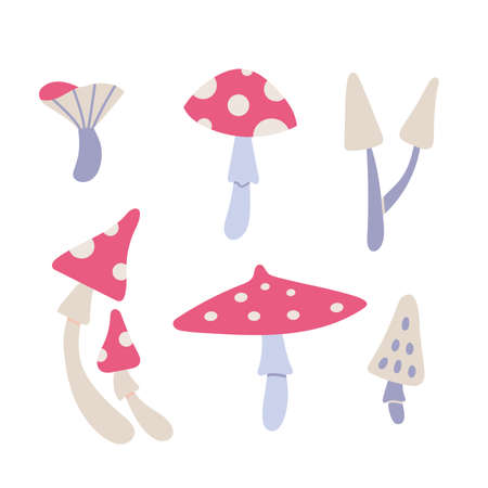 Poisonous mushrooms, toadstools, fly agaric, cartoon style. Trendy modern vector illustration isolated on white background, hand drawn, flat design.のイラスト素材