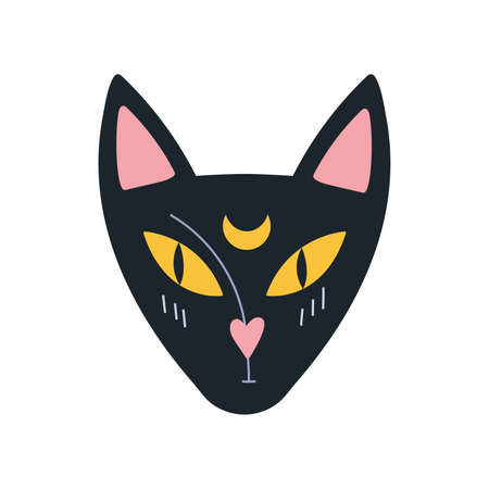 The muzzle of a black cat, an animal of a witch with a moon on her head, cartoon style. Trendy modern vector illustration isolated on white background, hand drawn, flat design.のイラスト素材