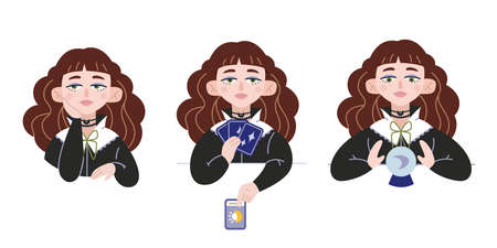 Beauty Fortune tellers, urban witch. mystic ladies. Girls are telling the future by crystal ball and tarot cards. Set Hand drawn vector trendy illustrations, cartoon style.のイラスト素材