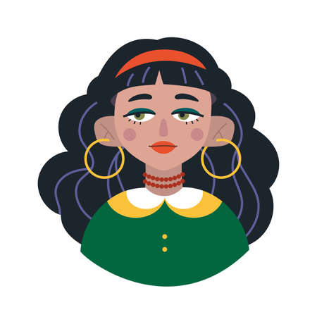 Gypsy girl avatar, cartoon style. Trendy modern vector illustration isolated on white background, hand drawn, flat design.のイラスト素材