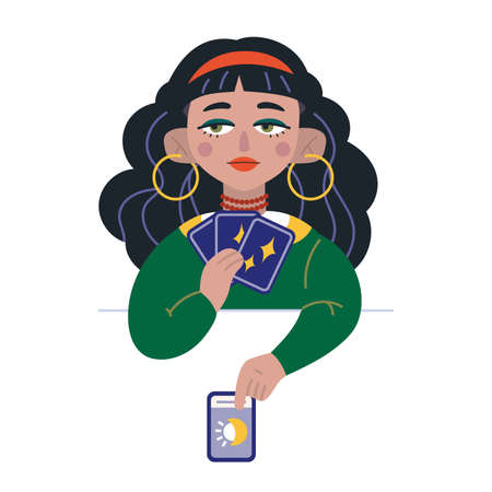 Beauty Fortune tellers, cartoon style. Young Gypsy girl lays out tarot cards on table. Trendy modern vector illustration isolated on white background, hand drawn, flat design.のイラスト素材