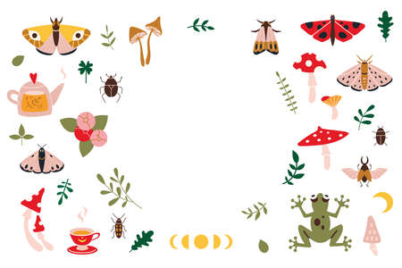 Frame with forest items like butterflies, mushrooms, plants, cartoon style. Cottagecore, goblincore aesthetics. Trendy modern vector illustration, hand drawn, flat design.のイラスト素材