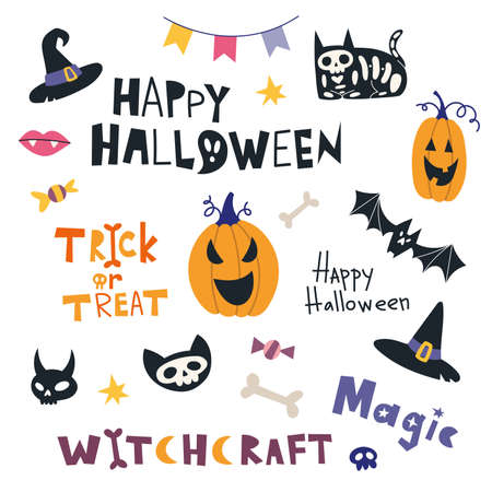 Happy Halloween set with scary letters, pumpkins, bat, decoration elements. Trendy modern vector illustration, hand drawn, flat design.のイラスト素材