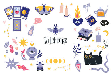 Witchcraft, withcore aesthetic set with occult things. Bohemian mystical magic collection clip art. Trendy modern vector illustration, hand drawn, flat design.のイラスト素材