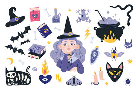 Witchcraft, withcore aesthetic set with Beautiful witch girl, occult things. Bohemian mystical magic collection clip art. Happy Halloween. Trendy modern vector illustration, hand drawn, flat design.のイラスト素材