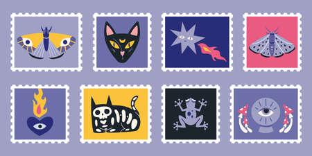 Set of cute hand-drawn post stamps with Witchcraft, occult things like Crystal ball, frog, cat, moth. Trendy modern vector illustartions in Cartoon Flat design. Mail and post office conceptual drawingのイラスト素材