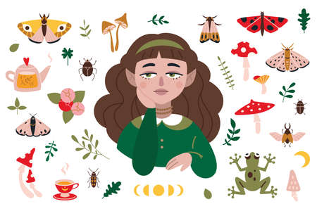 Beautiful elf girl and forest items like butterflies, mushrooms, plants, cartoon style. Cottagecore, goblincore aesthetics. Trendy modern vector illustration, hand drawn, flat design.のイラスト素材