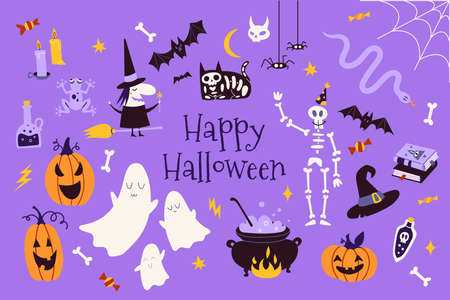 Happy Halloween set with pumpkins, bat, decoration elements. Bohemian mystical magic collection clip art. Trendy modern vector illustration, hand drawn, flat design.のイラスト素材