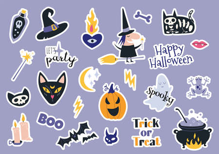Happy Halloween stickerpack with pumpkins, bat, decoration elements. Bohemian mystical magic collection clip art. Sticker style. Trendy modern vector illustration, hand drawn, flat design.のイラスト素材