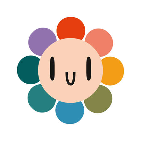 Groovy rainbow flowers with smiling faces, cartoon style. Abstract daisy emoji, 70s, 80s, 90s vibes. Trendy modern vector illustration isolated on white background, hand drawn, flat design.のイラスト素材