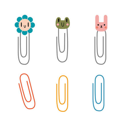 Cute stationery office paperclip with kawaii muzzles, cartoon style. Trendy modern vector illustration isolated on white background, hand drawn, flat design.のイラスト素材