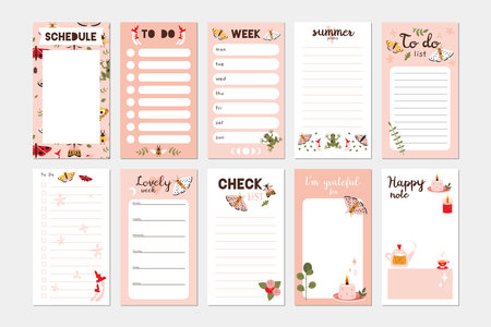 Big set of trendy editable planner, schedule, check list, gratefoot list, to do and places for note. Vector stock illustration, cartoon style. Cute templates for stories, bullet journal page.のイラスト素材