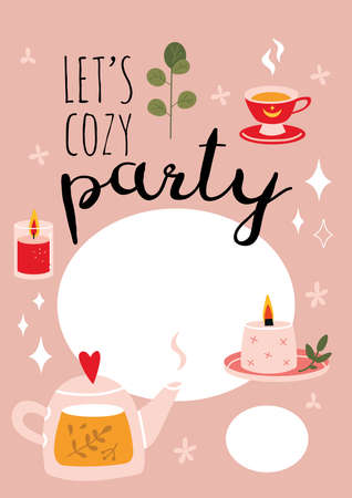 Let's cozy party. Party Invitation Card Template with candles, teapot and mug, cartoon style. Trendy modern vector illustration, hand drawn, flat design.のイラスト素材