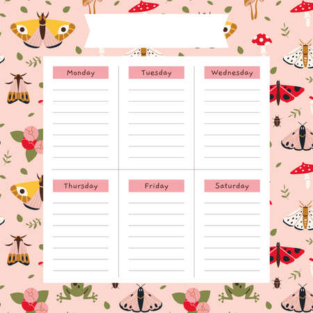 Cute weekly planner background template with a summer vibe, moth, mushrooms, plants, cartoon style. Cottagecore, goblincore aesthetics. Trendy modern vector illustration, hand drawn, flat design.のイラスト素材