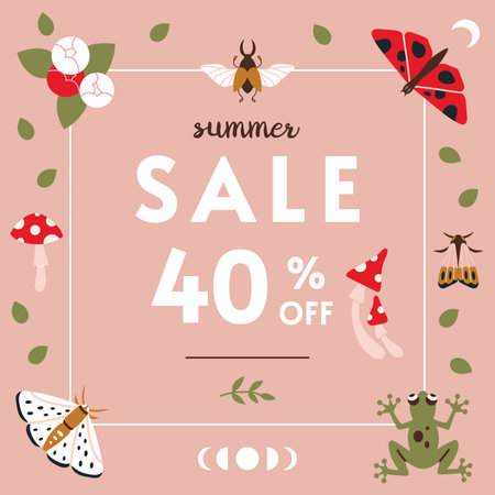 Summer sale cute banner template design, cartoon style. Discount promotion layout poster for web or social media, advertising, leaflets and flyers. Trendy modern vector illustration, hand drawn.のイラスト素材