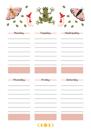 Cute weekly schedule for 6 days. Template with summer vibe, moth, frog, cartoon style. Printable A4 paper for bullet journal page. Trendy modern vector illustration, hand drawn, flat design.のイラスト素材
