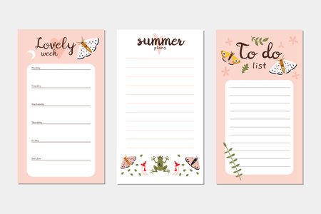 Trendy editable weekly summer planner and to do list. Vector stock illustration, cartoon style. Templates for stories, bullet journal page. Modern backgrounds for social media, notebook.のイラスト素材
