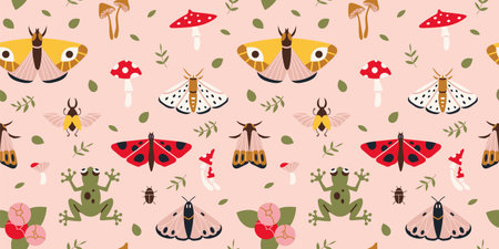 Seamless pattern with summer vibe, moth, mushrooms, plants, cartoon style. Cottagecore, goblincore aesthetics. Trendy modern vector illustration, hand drawn, flat design.のイラスト素材