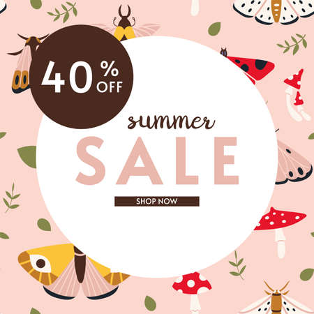 Summer sale 40 off banner template, cartoon style. Discount promotion layout poster for web or social media, advertising, leaflets and flyers. Trendy modern vector illustration, hand drawn, flat.のイラスト素材