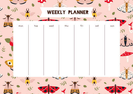 Cute weekly planner with summer vibe, moth, mushrooms, plants, cartoon style. Schedule for 7 days. Trendy modern vector illustration, hand drawn, flat design.のイラスト素材