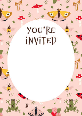 Invitation Card Template - You are invited with summer vibe, moth, mushrooms, cartoon style. Trendy modern vector illustration, hand drawn, flat design.のイラスト素材