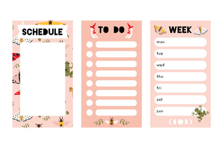 Trendy editable weekly planner, schedule and to do list. Vector stock illustration, cartoon style. Templates for stories, bullet journal page. Modern backgrounds for social media, notebook.のイラスト素材