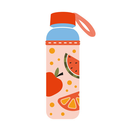 Cute water bottle in case with fruit, cartoon style. Trendy modern vector illustration isolated on white background, hand drawn, flat design.のイラスト素材