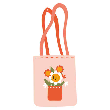 Cute Tote Bag, eco-bag with flowers, cartoon style. Trendy modern vector illustration isolated on white background, hand drawn, flat design.のイラスト素材