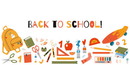 Back to school, horizontal banner with cute school stationery and art supplies, cartoon style. Trendy modern vector illustration isolated on white background, hand drawn, flat design.のイラスト素材