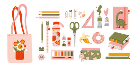 Cute school stationery and Art Supplies Set, cartoon style. The contents of the student tote bag: kawaii accessories, lunch, textbooks. Trendy modern vector illustration, hand drawn, flat design.のイラスト素材