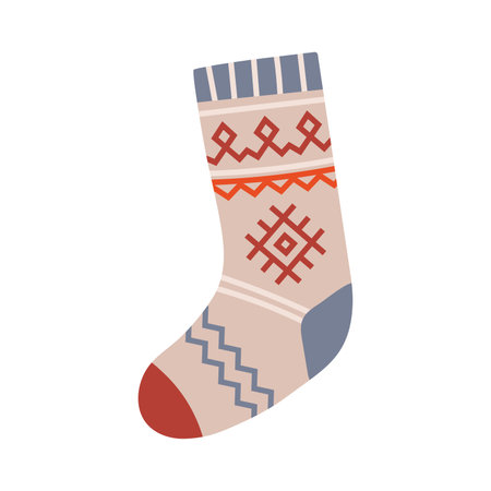 Christmas knitting sock for gifts with traditional ornament, cartoon style. Cozy mood for winter. Trendy modern vector illustration isolated on white background, hand drawn, flat design.のイラスト素材