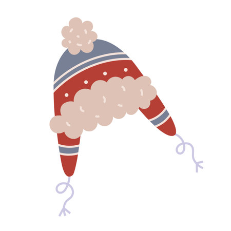 Knitted Hat with ear flaps, cartoon style. Cozy mood for winter. Trendy modern vector illustration isolated on white background, hand drawn, flat desigのイラスト素材