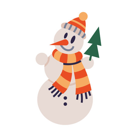 Cute snowman in a scarf and hat, cartoon style. Trendy modern vector illustration isolated on white background, hand drawn, flat design.のイラスト素材